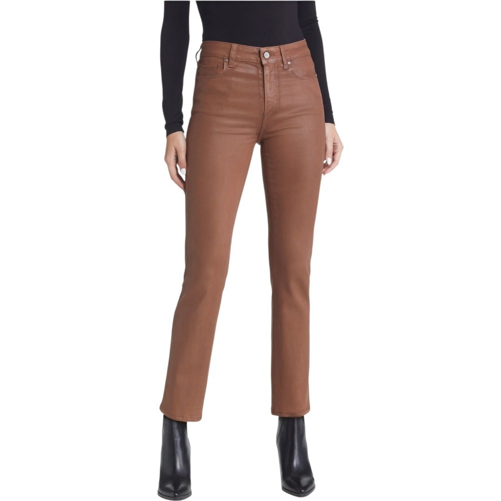 PAIGE Cindy Jeans Coated High Waist Ankle Straight Leg Cognac Luxe Sz 34/14